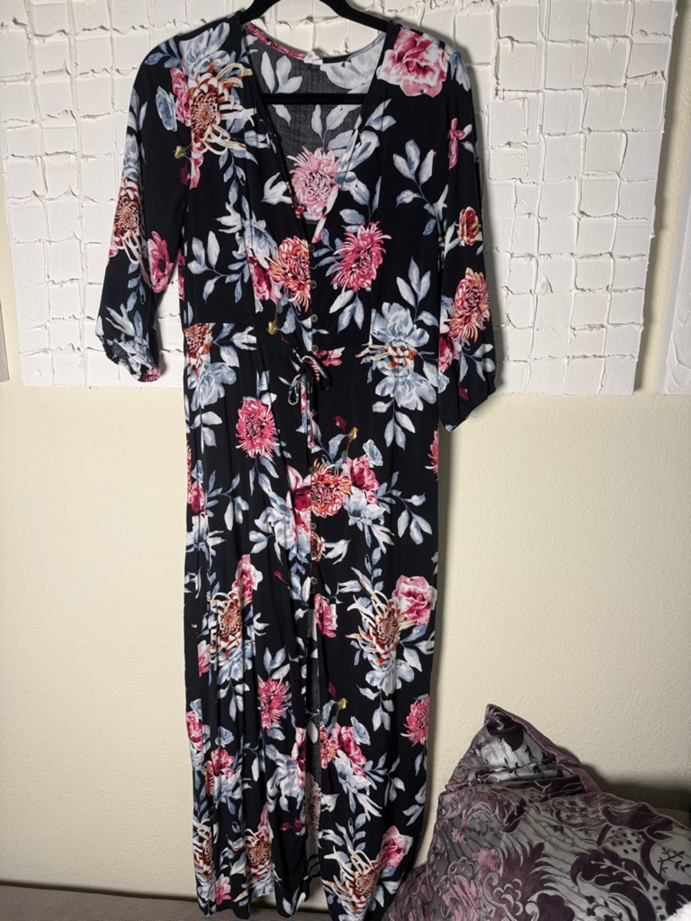 Rip Curl Black Maxi Dress with Pink & White Floral Print